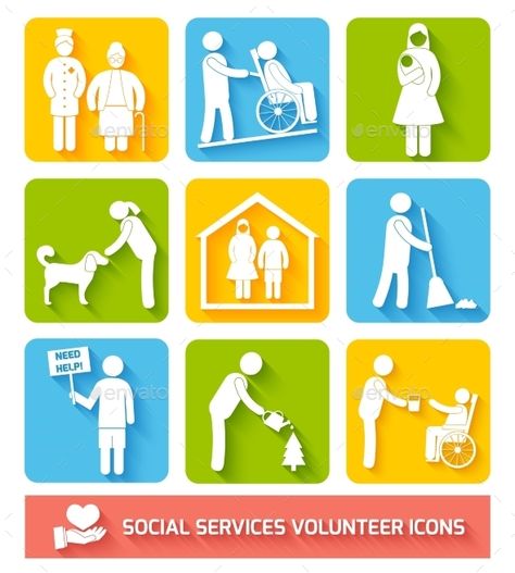 Social help services and volunteer work icons set flat isolated vector illustration. Editable EPS and Render in JPG format Service Illustration, Work Icon, Social Service, Nature Logo, Background Powerpoint, Volunteer Work, Natural Logo, Social Services, Black Business