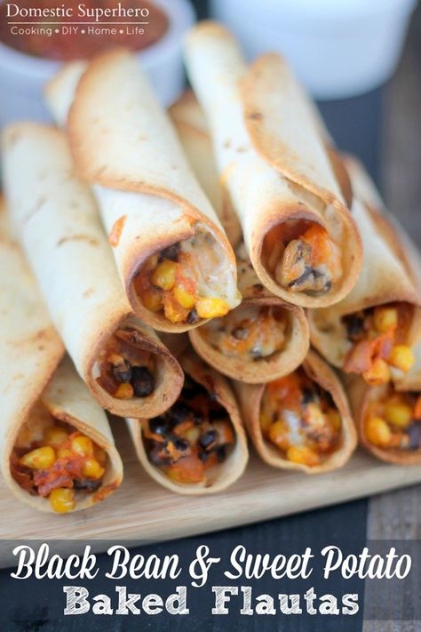 Black Bean and Sweet Potato Baked Flautas Potato Flautas, Gf Tortillas, Baked Flautas, Recipe Desert, Sweet Potato Baked, Black Bean And Sweet Potato, Black Bean Sweet Potato, Bean And Sweet Potato, Potato Baked