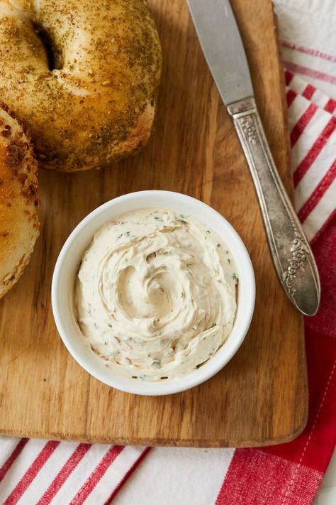 Sundried Tomato Cream Cheese, Sundried Tomato Bagels, Basil Cream Cheese, Tomato Cream Cheese, Flavored Cream Cheeses, Cream Cheese Recipe, Bigger Bolder Baking, Bagel Cream Cheese, Make Cream Cheese