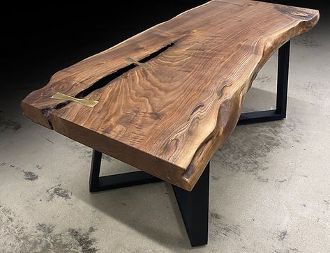 Live edge natural wood slab coffee table shown in walnut Live Edge Coffee Table Living Room, Wood Slab Coffee Table, Outdoor Patio Ideas Backyards, Slab Coffee Table, Wood Slab Table, Wood Table Design, Live Edge Coffee Table, Slab Table, Montezuma