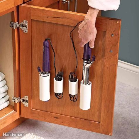 PVC Curling Iron Holsters Bathroom Storage Hacks, Pvc Storage, Pvc Pipe Crafts, Pvc Pipe Projects, Handyman Projects, Pvc Projects, Bathroom Storage Solutions, Pvc Pipes, Organisation Hacks