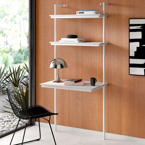 12 Minimalist Desks to Help Setup a Home Office Anywhere | Hunker Leaning Ladder Desk, Ladder Desk, Leaning Ladder, Desktop Shelf, Minimalist Desk, Desk Wood, Contemporary Desk, Wood Ladder, Office Furniture Modern