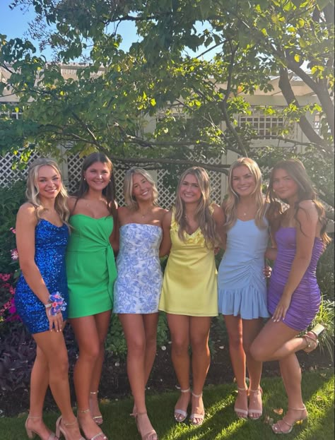 homecoming dresses Hoco Inspo Aesthetic, Spring Formal Mini Dress, Flower Homecoming Dresses, Easter Hoco Dress, Spring Dance Dresses High School, Spring Fling Dresses Short, Bright Hoco Dresses, 8th Grade Dance Pictures, Homecoming Pics With Friends