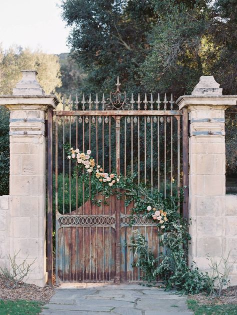 Romantic Tuscan Wedding Inspiration with Spring Florals | Southern California Wedding Inspiration | Gallery | Item 51 French Gates Entrance, French Gates, Ceremony Arch Decor, Ceremony Entrance, Wedding Walkway, Ethereal Garden, Metal Garden Gates, Forest Backdrops, Modern Entrance