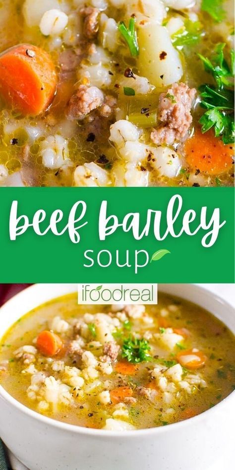 This Beef Barley Soup is flavorful, incredibly easy and satisfying on a cold day. Healthy one pot meal ready in an hour with ground beef, hulled barley and vegetables. So good! Beef And Barley Soup, Barley Soup Recipe, Easy Healthy Soup, Beef And Barley, Nightshade Free Recipes, Healthy One Pot Meals, Barley Recipe, Healthy Beef Recipes, Soup With Ground Beef