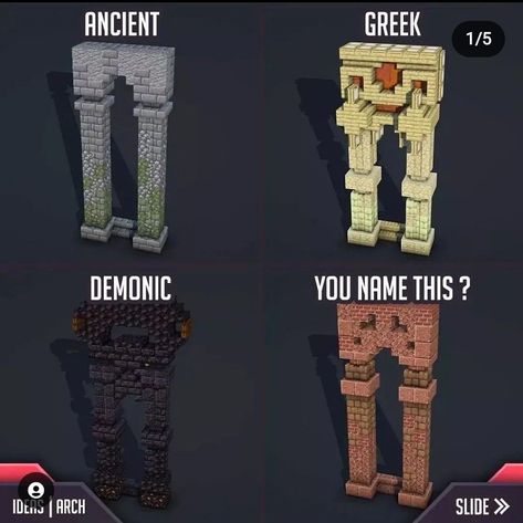 Minecraft Piller Designs, Minecraft Phoenix Statue, Stronghold Minecraft Ideas, Minecraft Ancient Greek Buildings, Minecraft Wooden Archway, Minecraft Dragon Head Display, Minecraft Villain Base, Minecraft Iron Golem Statue, Minecraft Pillars Design