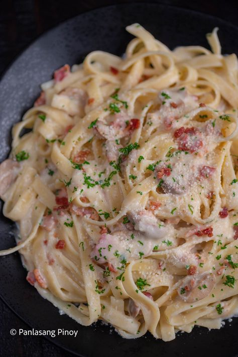 Creamy Pasta Carbonara - Panlasang Pinoy Filipino Carbonara Recipe, Creamy Carbonara Recipe, Creamy Bacon Carbonara, Carbonara Pasta Creamy, Carbonara Recipe Creamy, Daniel Fast Diet, Delicious Pasta Recipes, The Daniel Fast, Creamy Carbonara