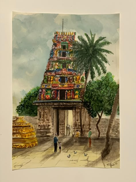 Tamil Traditional Art, Hindu Temple Painting, Temple Illustration Indian, Gopuram Painting, Indian Temple Illustration, Indian Temple Drawing, India Painting Ideas, Temple Painting Indian, Temple Watercolor Paintings