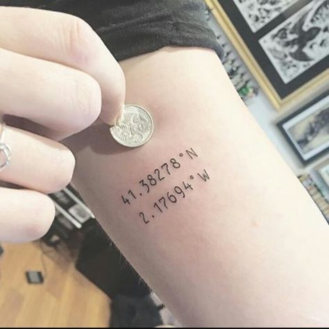 Coordinates tattoo Coordinate Tattoo Font, Small Coordinates Tattoo, Minimalist Coordinates Tattoo, Coordinates Tattoo Inner Arm, Co Ordinates Tattoo, Coordinates Tattoo Ideas, Coordinates Tattoo Thigh, Forearm Coordinate Tattoo, Longitude Tattoo