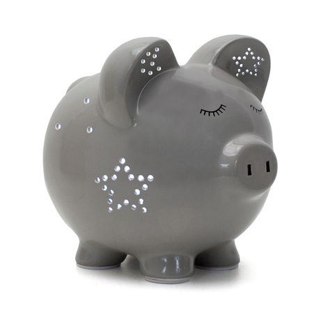 Night Light Piggy Bank in Gray (Personalization available) :: For That Occasion Kids Personalized Gifts, Fabulous Friday, Personalized Piggy Bank, Piggy Banks, Personalized Gifts For Kids, Great Night, Custom Gifts, Personalised Kids, Ceramic Painting