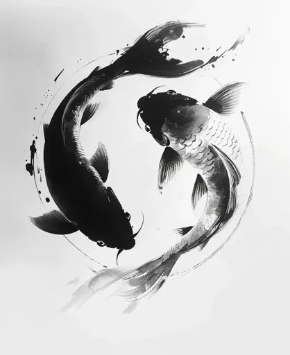 Black Koi Fish Tattoo, Koi Fish Arm Tattoo, Koi Fish Circle, Koi Fish Face, Circular Drawings, Koi Fish Logo, Yin And Yang Fish, Ying Yang Koi Fish, Koi Yin Yang