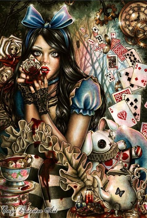 Evil Alice in Wonderland - Creepy Gallery Evil Alice, Disney Punk, Alice In Wonderland Artwork, Dark Alice In Wonderland, Alice In Wonderland Drawings, Wonderland Artwork, Punk Disney, Wonderland Tattoo, Alice Madness Returns