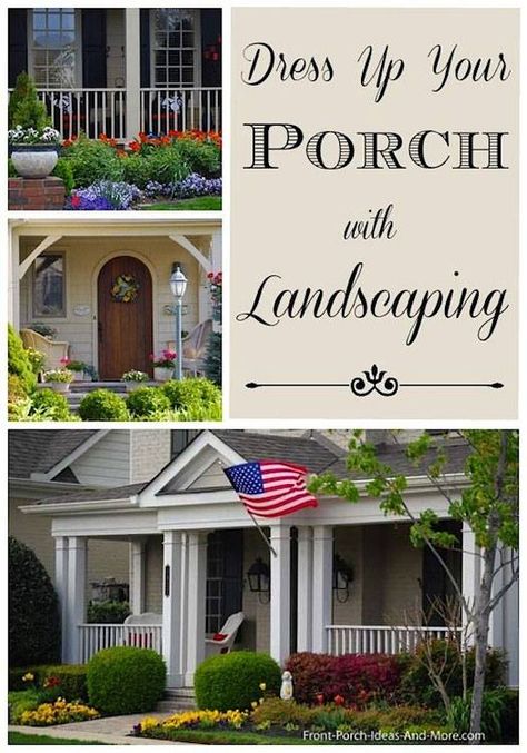 collage of landscaping pictures for around a porch Front Porch Landscape, Front Landscape, Landscaping Around House, Porch Landscaping, Walkway Landscaping, Black Thumb, Front Walkway, Driveway Landscaping, Video Garden