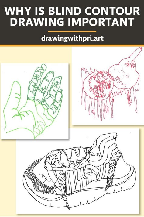 Importance of blind contour drawing. Contour Drawing Exercises, Contour Line Drawing Project, Contour Drawing Lesson, Beginning Drawing Lessons, Blind Line Drawing, Contour Line Art Lesson, Visual Texture Drawing Ideas, How To Teach Drawing, Blind Contour Drawing Ideas