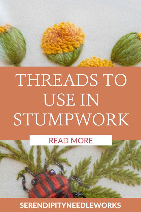 Hey Friends!! Would you like to add some dimension to your needlepoint canvases? Well, stumpwork is one of the best ways to do just that! Stumpwork is a very old form of embroidery and it's SUPER fun!! Never heard of it? No worries, I'm going to tell you all about in my blog post and what kind of threads to use in stumpwork! Stumpwork Patterns Free, Stumpwork Embroidery Patterns Design, Stump Work Embroidery, Stump Work Embroidery Tutorial, Stumpwork Embroidery How To Do, Stumpwork Embroidery Tutorial, Stumpwork Trees, Stumpwork Embroidery, Stumpwork Leaves