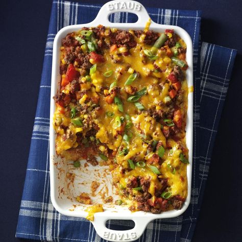 Your little ones who refuse to eat veggies won’t complain one bit when you bring this cheesy casserole with a cornbread crust to the table. For picky eaters, try using less Cajun seasoning. —Kelly Ciepluch, Kenosha, Wisconsin Cajun Beef, Summer Casseroles, Cornbread Crust, Make Ahead Casseroles, Ground Beef Casserole Recipes, Kenosha Wisconsin, Chili And Cornbread, Cornbread Casserole, Hamburger Casserole