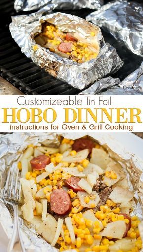 Create an easy tin foil family dinner recipes to please everyone! Customize your Hobo Dinner with hamburger, spiced beef sausage, potatoes and vegetables of your choice. Including directions to cook in the oven, on the grill or even a cooked over a camping fire! Plus a fast cleanup!  via @2creatememories Dinner With Hamburger, Hamburger Spices, Hobo Dinner, Tin Foil Dinners, Hobo Dinners, Potatoes And Vegetables, Foil Pack Dinners, Foil Packet Dinners, Foil Pack Meals