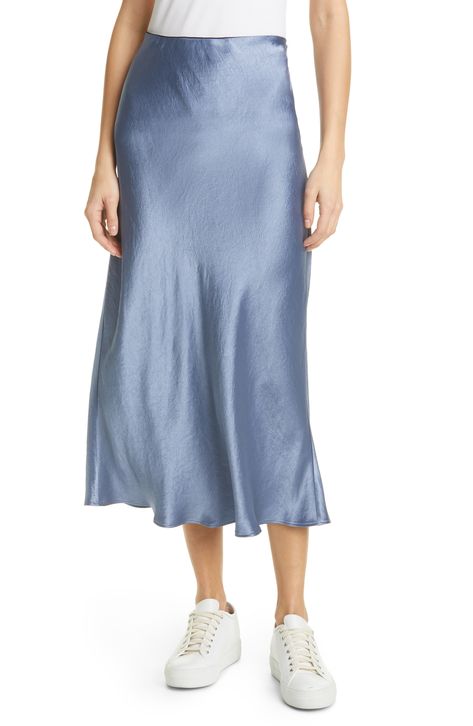 Max Mara Leisure Alessio Satin Midi Skirt available at #Nordstrom Satin Skirt Outfit Fall, Satin Midi Skirt Outfit, Ladies Frock Design, Blue Satin Skirt, Long Satin Skirt, Skirt Outfit Fall, Satin Skirt Outfit, Satin Slip Skirt, Blue Midi Skirt