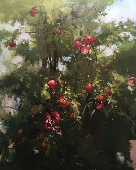 Pomegranate Tree Aesthetic, Pomegranate Tree Painting, Fruit Tree Painting, Eden Aesthetic, Eden Core, Hades Aesthetic, Pomegranate Tree, Raw Artists, Church Aesthetic