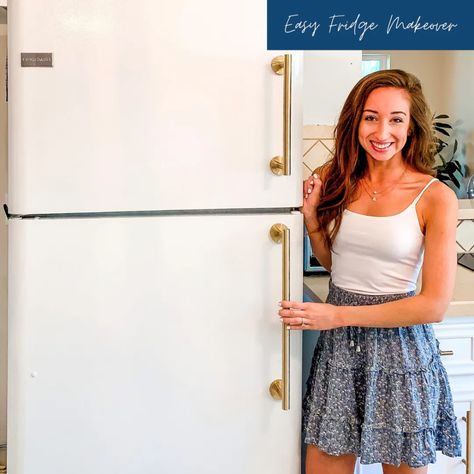 Easy Fridge Makeover Adding New Fridge Handles Garage Fridge Makeover, Painted Refrigerator Fridge Makeover, Fridge Handles, Renter Friendly Fridge Makeover, Farmhouse Fridge, Diy Fridge Handles, Fridge Handle Makeover, White Fridge Makeover, Fridge Diy