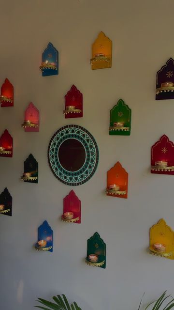 Wall Diya Holders, Candles Holders Diy, Wall Decoration Diwali, Diy Jharoka Wall Decor, Diwali Corner Decoration, Jarokha Design Diy, Janmashtami Backdrop, Handmade Room Decor Ideas Wall Art, Wall Decoration For Diwali