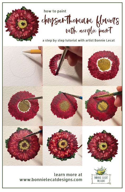 Learn to paint chrysanthemum flowers step by step with artist Bonnie Lecat. via @bmurphylecat Painting Flowers Tutorial Step By Step, Step By Step Flower Painting, Flowers Illustration Art, Chrysanthemum Painting, Flowers Step By Step, Prints Illustration, Flower Step By Step, Fall Art Projects, Canvas Art Projects