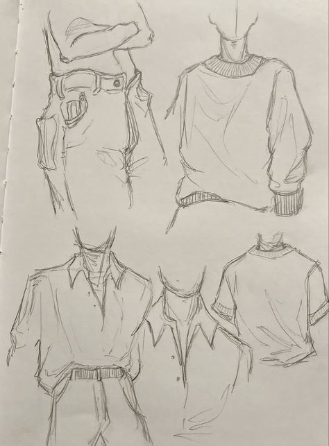 Anime Sweater Outfit Drawing, Drawing Clothes Outfits Sketch Tutorial, Clothes Practice Drawing, Drawing Body Tutorial Men, Men Outfit Sketch Drawing, Clothes Anatomy Drawing, Simple Anatomy Sketch, Simple Body Anatomy, Drawing Clothes Outfits Sketch Male