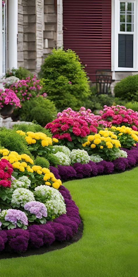 21 Beautiful Flower Beds in Front of House Ideas featuring various floral designs and layouts. Front Flower Garden Ideas, Flower Bed Designs For Front Of House, Pretty Walkways, Back Of House Landscaping, Brick Flower Bed Border, Flower Garden Ideas In Front Of House, Front Garden Bed Ideas, 8b Plants, Flower Beds In Front Of House