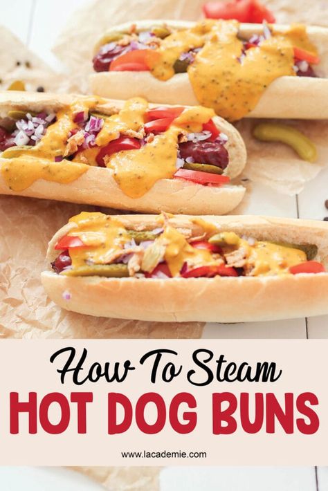 How To Steam Hot Dog Buns At Home, Boiled Hot Dogs Recipes, Steam Hot Dogs, How To Steam Hot Dogs, Steamed Hot Dog Buns, Steam Hot Dog Buns, Steamed Hot Dogs, Chicago Dog Recipe, Soft Hot Dog Buns