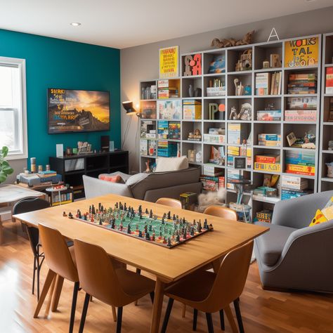 Board Game Lounge Game Room Idea For Adults Image Board Game Library Room, Small Board Game Room, Boardgame Room Idea, Small Game Room Ideas For Adults, Board Game Room Design, Board Game Room Ideas, Board Game Display, Game Room Ideas Family, Teen Game Room