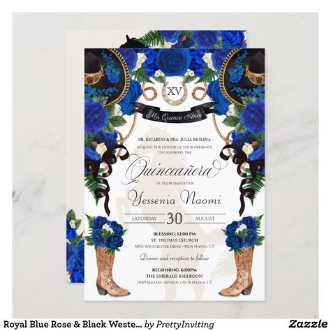 Royal Blue Rose & Black Western Charro Quinceanera Invitation Quinceanera Charro, Charro Invitations, Charro Quince, Quince Invitations, Quinceanera Invitation, Sweet Sixteen Invitations, Roses Peonies, Quinceanera Invitations, Quince