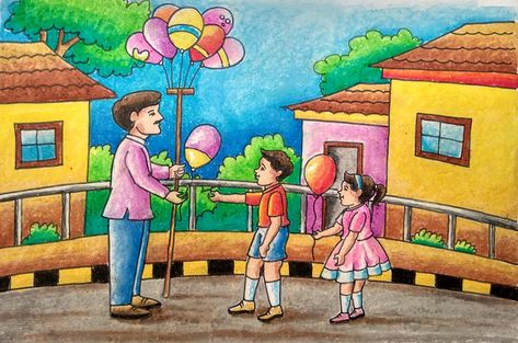 How to draw balloon seller drawing with children/ easy and simple balloon seller drawing/ Balloon Seller Painting, Balloon Man Drawing, Balloon Seller Memory Drawing, Flower Seller Drawing, Memory Drawing For Elementary, Memory Drawing For Elementary Exam, Compition Drawing, Composition Drawing Easy, Balloon Seller Drawing