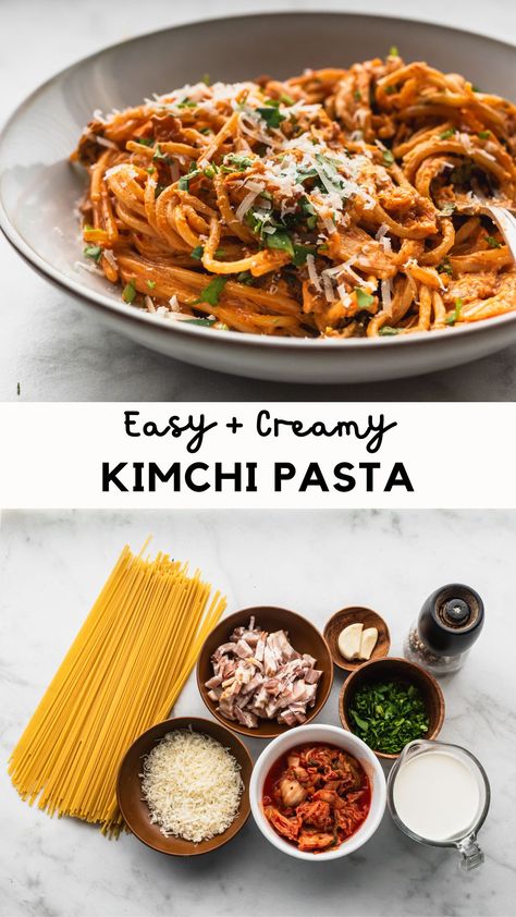 Bowl of creamy kimchi pasta with ingredients underneath Kimchi Ravioli, Kimchi Dinner Ideas, Dinner With Kimchi, Kimchi Recipes Dinner, Kimchi Pasta, Creamy Korean Noodles, Spicy Creamy Noodles, Kimchi Carbonara, Kimchi Spaghetti