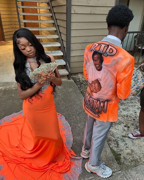 Exotic Prom Suits, Prom 2023 Black Couples, Orange And Silver Prom Couple, Custom Prom Suits, Orange Prom Couple, Couple Prom Outfits, Prom Fits, Prom Outfits For Guys, Couple Prom