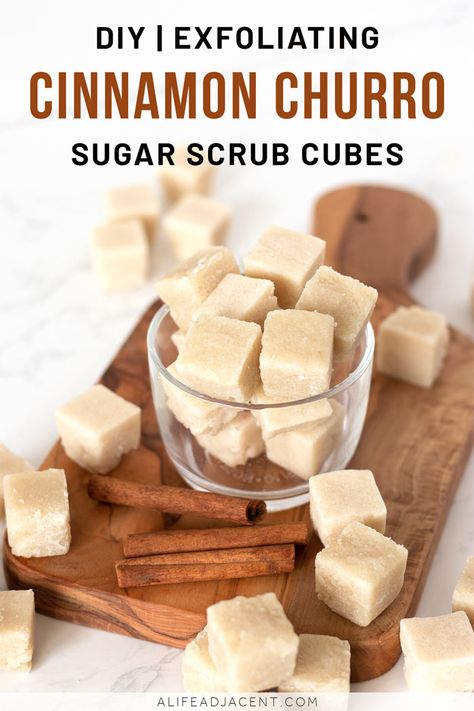 DIY Sugar Scrub Cubes. Learn to make fall-inspired homemade sugar scrub cubes that smell good enough to eat! These cinnamon churro sugar scrub cubes are made with cinnamon and vanilla essential oils for a delicious aroma. Natural ingredients like sugar and coconut oil exfoliate and nourish your skin. Bring a few cubes into the shower or bath for soft, moisturized skin all autumn long. #alifeadjacent Diy Sugar Scrub Cubes, Homemade Sugar Scrub, Diy Sugar Scrub, Diy Sugar Scrub Recipe, Sugar Scrub Cubes, Cinnamon Bark Essential Oil, Recipes For Fall, Sugar Scrub Homemade, Natural Beauty Recipes