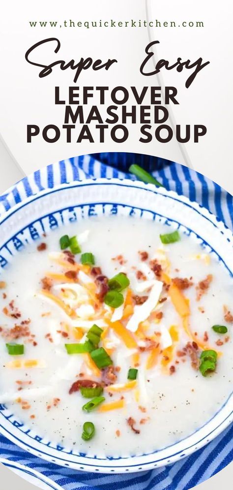 Leftover mashed potato soup reinvents your holiday side dish into a delicious next day meal. This creamy potato soup is thick, velvety and tastes like a completely new dish! Mashed Potatoes Soup, Leftover Mashed Potato Soup, Leftover Mashed Potatoes Soup, Mashed Potato Soup, Gravy For Mashed Potatoes, Potato Gravy, Leftover Potatoes, Potato Soup Easy, Instant Mashed Potatoes