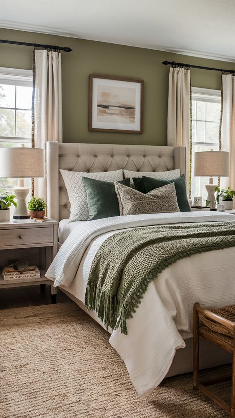 Gray And Green Room Ideas Bedroom, Green Black Cream Bedroom, Sage Master Bedrooms Decor Cozy, Black And Sage Green Bedroom, Cream And Sage Bedroom, Cozy Green Bedroom, Black And Cream Bedroom, Green Room Ideas Bedroom, Mom Bedroom