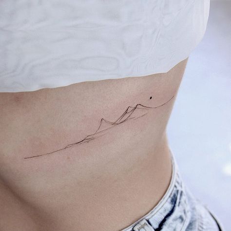 Mountain Plane Tattoo, Delicate Mountain Tattoos For Women, Delicate Tattoo Design, Mountains Spine Tattoo, Simple Nature Tattoo Ideas, Ribcage Mountain Tattoo, Shaded Mountain Tattoo, Mountain Neck Tattoo, Spine Tattoo Mountain