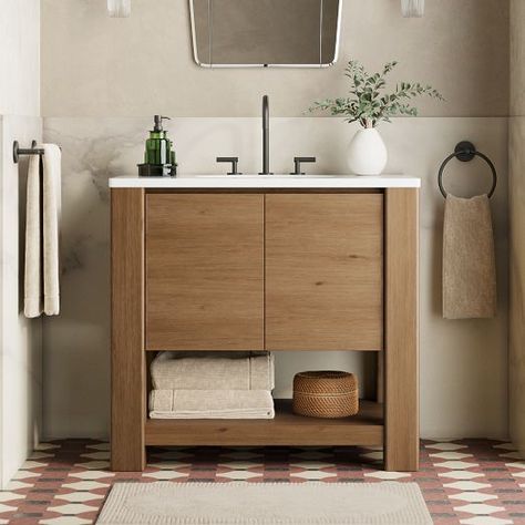 Bathroom Vanities | West Elm Basement Laundry Bathroom, Small Bathroom Refresh, Avocado Bathroom, Coffee Shop Bathroom, Contemporary Powder Room, Oak Bathroom Vanity, 36" Vanity, 36 Bathroom Vanity, Oak Bathroom