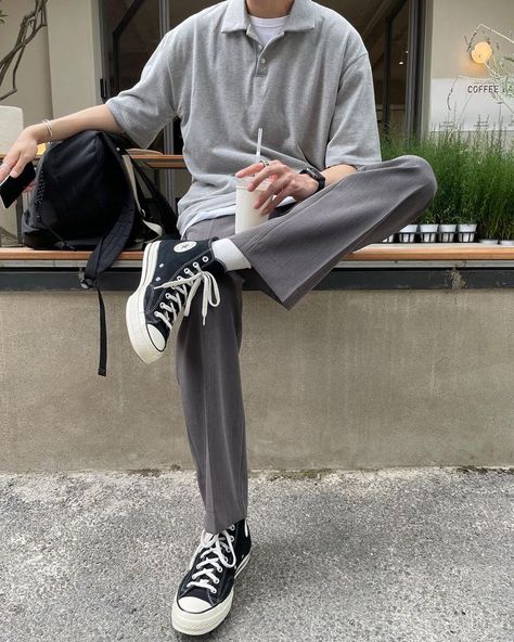 Grey Polo Outfit Men, Polo Outfit Men, Korean Style Boy, Korean Street Fashion Men, Kpop Fashion Men, Outfit Ideas Korean, Outfit Ideas Men, Polo Outfit, Minimalist Fashion Men