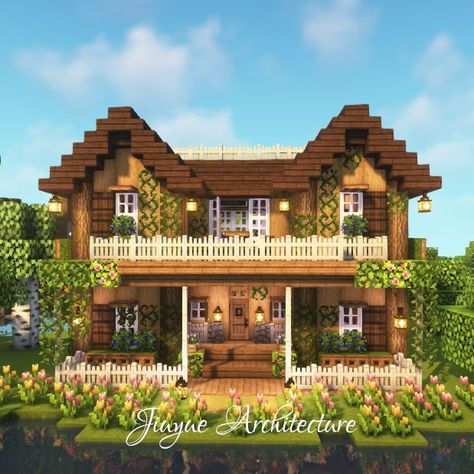 I made a wooden survival house with lovely porch and two relaxing balconies this time. It's easy to build with friends while playing Minecraft. And You can definitely have a good time there. Hope you enjoy my tutorial :) #mizunos16craft #minecraftcottage #minecraftcottagecore #minecraftaesthetic #minecraftvintage #minecraftfairycore #minecrafttutorial Farmhouse Minecraft House, Minecraft House Wrap Around Porch, Minecraft House Ideas For Two People, Minecraft Houses For Couples, Minecraft House Add Ons, Minecraft House 2 Floors, Country Minecraft House, House With Porch Minecraft, Back Of Minecraft House