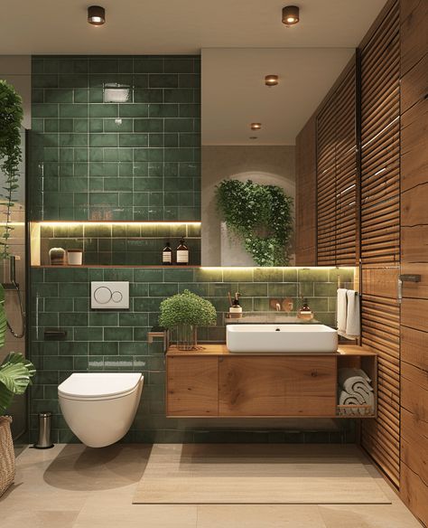 Lively Interior Design, Green White Bathroom Ideas, Bathroom Ideas Green And White, Mid Century Green Bathroom, Bathroom Jungle Theme, Bathroom Tiles Idea, Green Tiled Bathrooms Ideas, Modern 70s Bathroom, Bathroom Trends 2024 2025