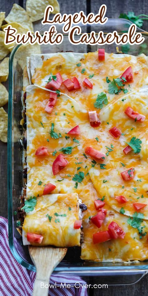 Easy to make Burrito Casserole will quickly become a family favorite! It's a hearty, meaty casserole in a cheesy sauce wrapped in tortillas! Pioneer Woman Burrito Casserole, Layered Burrito Bake, Mexican Burrito Casserole, Burrito Pie Casserole, Taste Of Home Burrito Bake, Wet Burrito Casserole, Layered Burrito Casserole, Dinner Ideas With Tortillas, Camp Supper