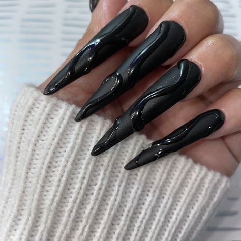 "Black Matte 3D abstract press on nail set.This set is full coverage nails and the design is made with builder gel. I will be adding other colors in this style as well!! Favorite My shop to keep updated and receive notifications for when new styles are listed Pictured is 5XL stiletto style nails in size xs Please note depending on length this design may look a little different!  If you choose \"CUSTOM\" for nail sizes please message me your nail sizes or leave in notes on checkout!  All nails co Nails Black Metallic, Black Nails 3d Design, Black Nails Matte Design, Textured Black Nails, Black Texture Nails, Black Matte Nails With Glossy Design, X Long Nails, Nail Matte Designs, Long Nail Designs Black