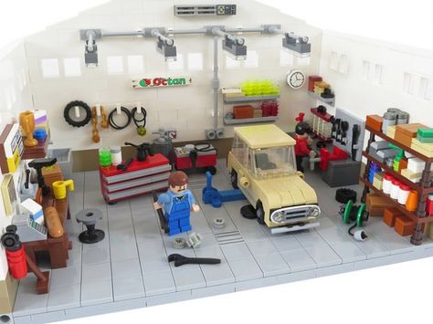 le garage Lego Mustang, Lego Fallout, Lego Garage, Lego Mechanics, Lego Workshop, Lego Factory, Lego 5, Lego Diorama, Lego Play