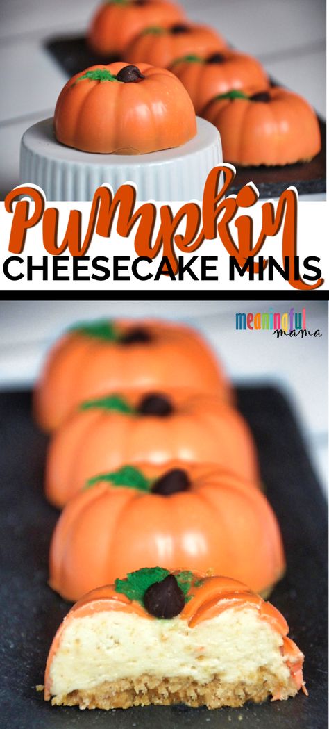 If you are looking for an elegant and delicious fall dessert, these mini pumpkin cheesecakes are sure to delight your guests. They are easy to prepare ahead, and the filling is a no-bake dessert. This is a great autumn dessert for Thanksgiving or Halloween. #fallbaking #falldessert #pumpkindessert #cheesecakerecipe #pumpkincheese #falldessert #thanksgiving #thanksgivingbaking #thanksgivingdessert Elegant Fall Desserts, Thanksgiving Cheesecake, Dessert For Thanksgiving, Cheesecake Decoration, Pumpkin Cheesecakes, Autumn Dessert, Thanksgiving Baking, Pumpkin Mold, Mini Pumpkin Cheesecake