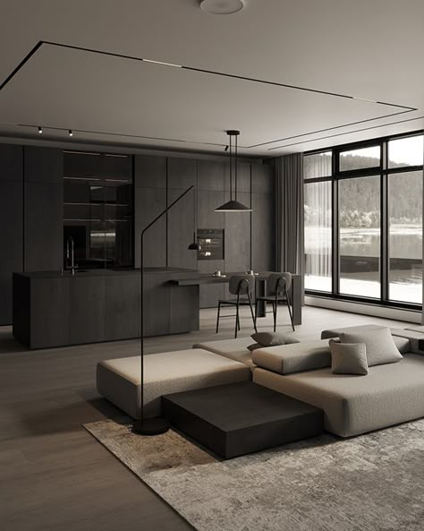 Modern Minimal Interior, Modern Living Space, 3d Scene, Living Room Styles, Mid Century Modern Living Room, Minimal Classic, Living Room Scandinavian, Scandinavian Interior Design, Dark Interiors