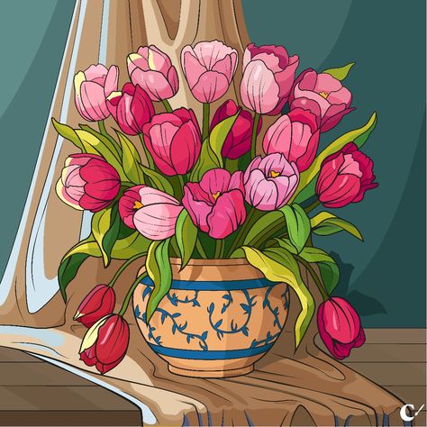 Vase Of Tulips, Tulip Illustration, Tulip Painting, Tulip Bouquet, Painting Art Lesson, Diy Canvas Art Painting, Art Lesson, Diy Canvas Art, Diy Canvas