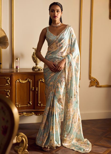 Dusty Mint Floral Printed Saree Sabyasachi Sarees, Simple Saree Designs, Floral Print Sarees, Saree Floral, Saree Embroidery, Fancy Sarees Party Wear, Traditional Indian Dress, Simple Sarees, Indian Dresses Traditional