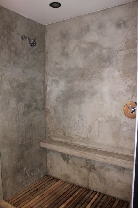 concrete shower with concrete floor                                                                                                                                                                                 More Concrete Shower Floor, Diy Shower Pan, Log Home Bathroom, Concrete Shower, Concrete Bathroom, Floor Paint, Concrete Houses, Shower Wall Panels, Diy Shower